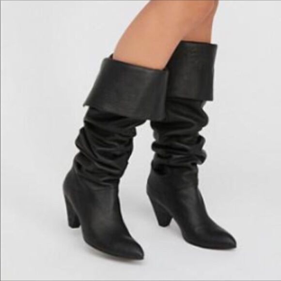 Free People Brandi Slouch Boot Knee High Black Leather Boot Size 38 - Picture 1 of 16